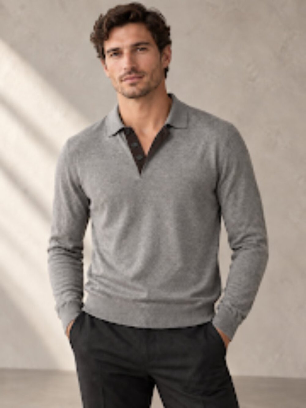 Neiman Marcus Men's 100% Cashmere Long Sleeve Polo Sweater w/ Faux Leather Trim